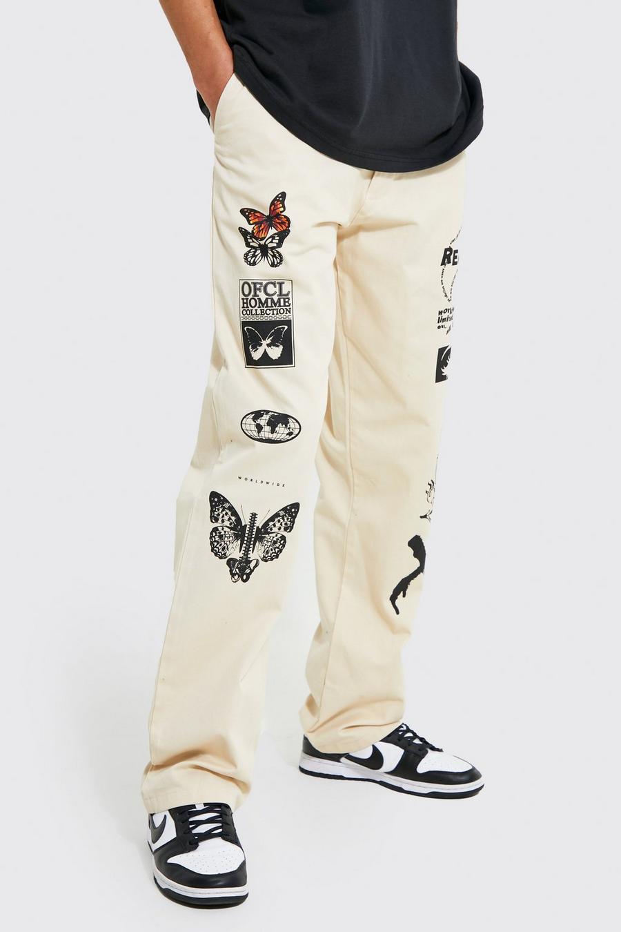 Pantalón Tall holgado chino con estampado gráfico, Ecru image number 1
