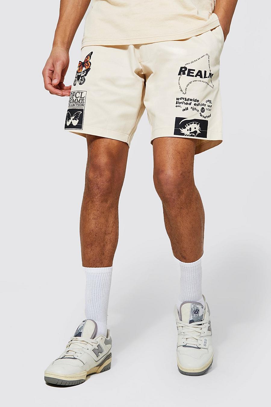 Ecru white Tall Slim Fit Chino Shorts Met Print