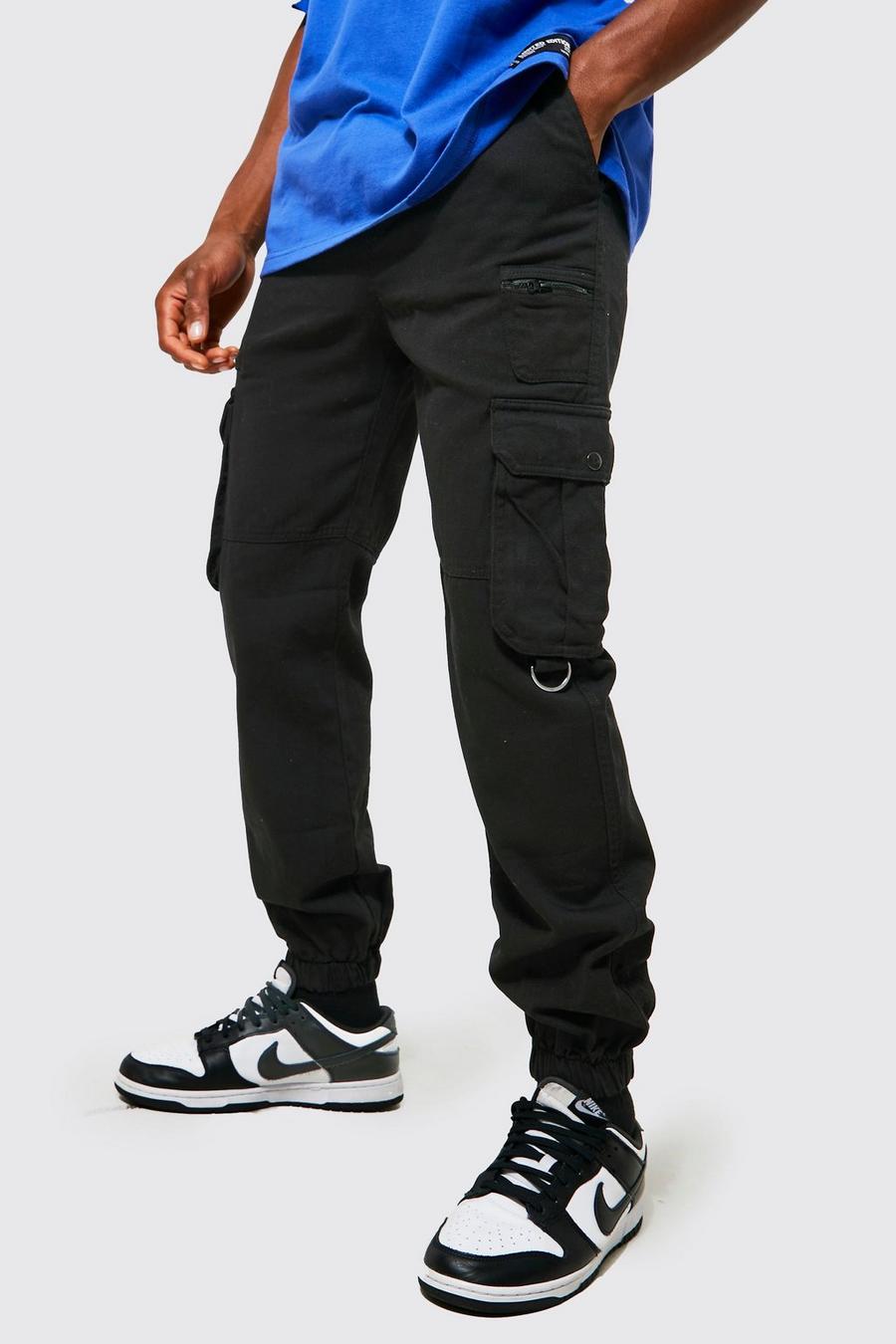 Pantaloni Cargo Slim Fit con tasche con zip, Black negro
