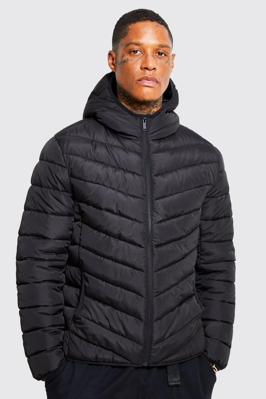 boohoo Mens Quilted Zip Through Jacket with Hood - Black L