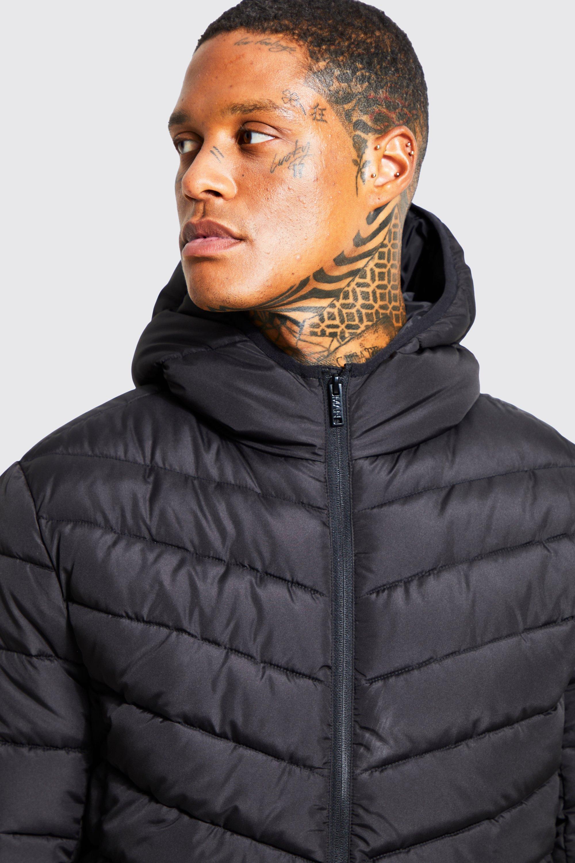 boohoo Mens Quilted Zip Through Jacket with Hood - Black L