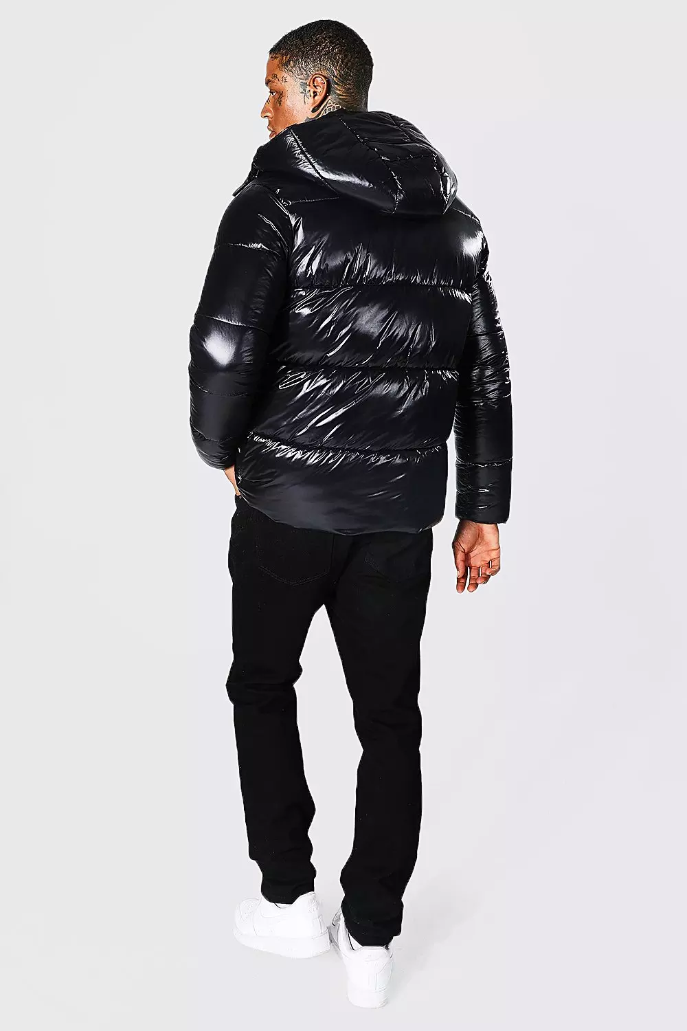 Black high shine puffer jacket hotsell