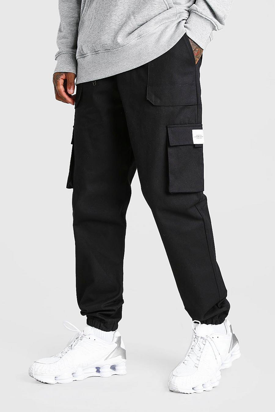 Twill Cargo-Hose mit Gürtel und Man Etikett, Black schwarz