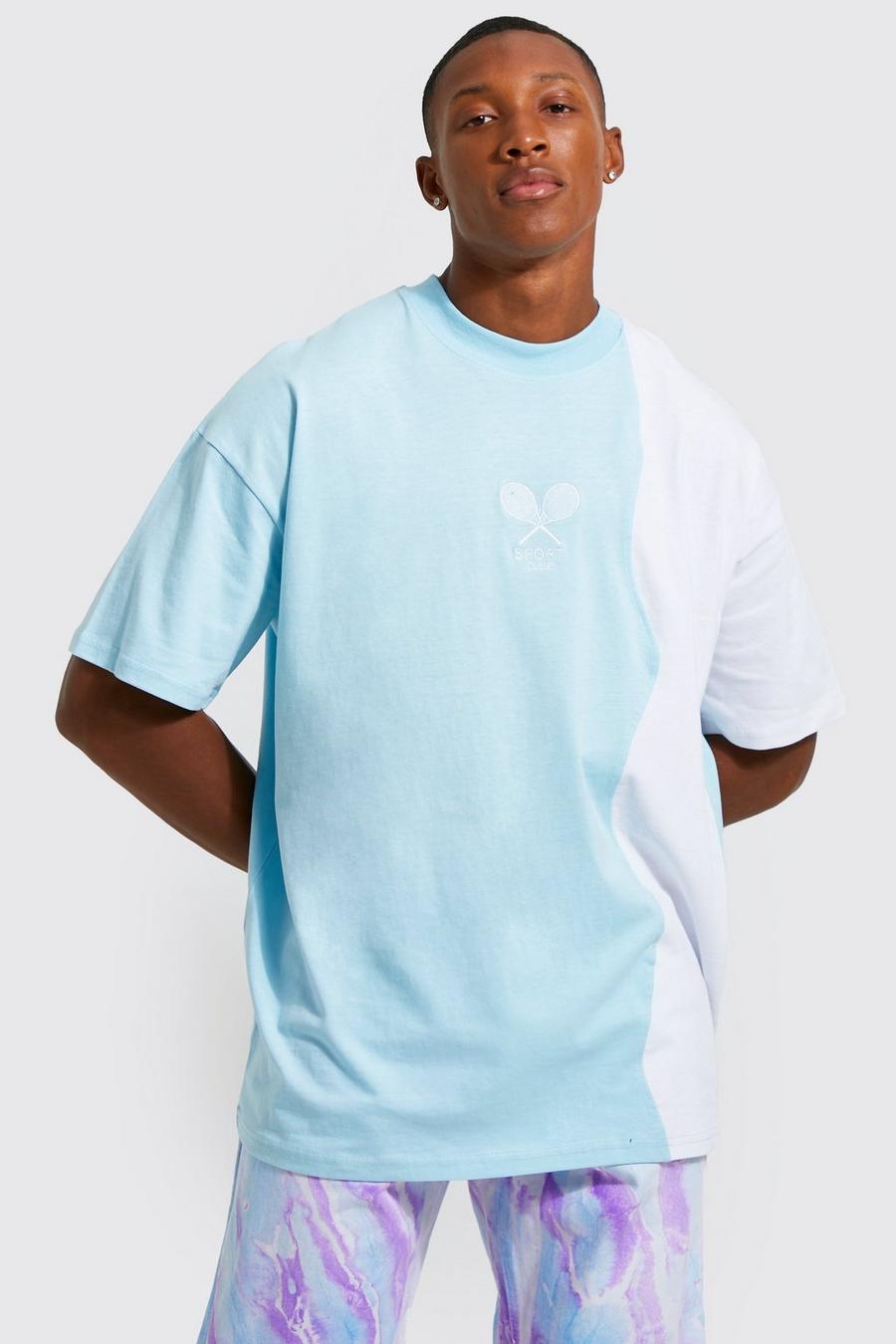 Light blue Oversized Spliced Extended Neck T-shirt image number 1