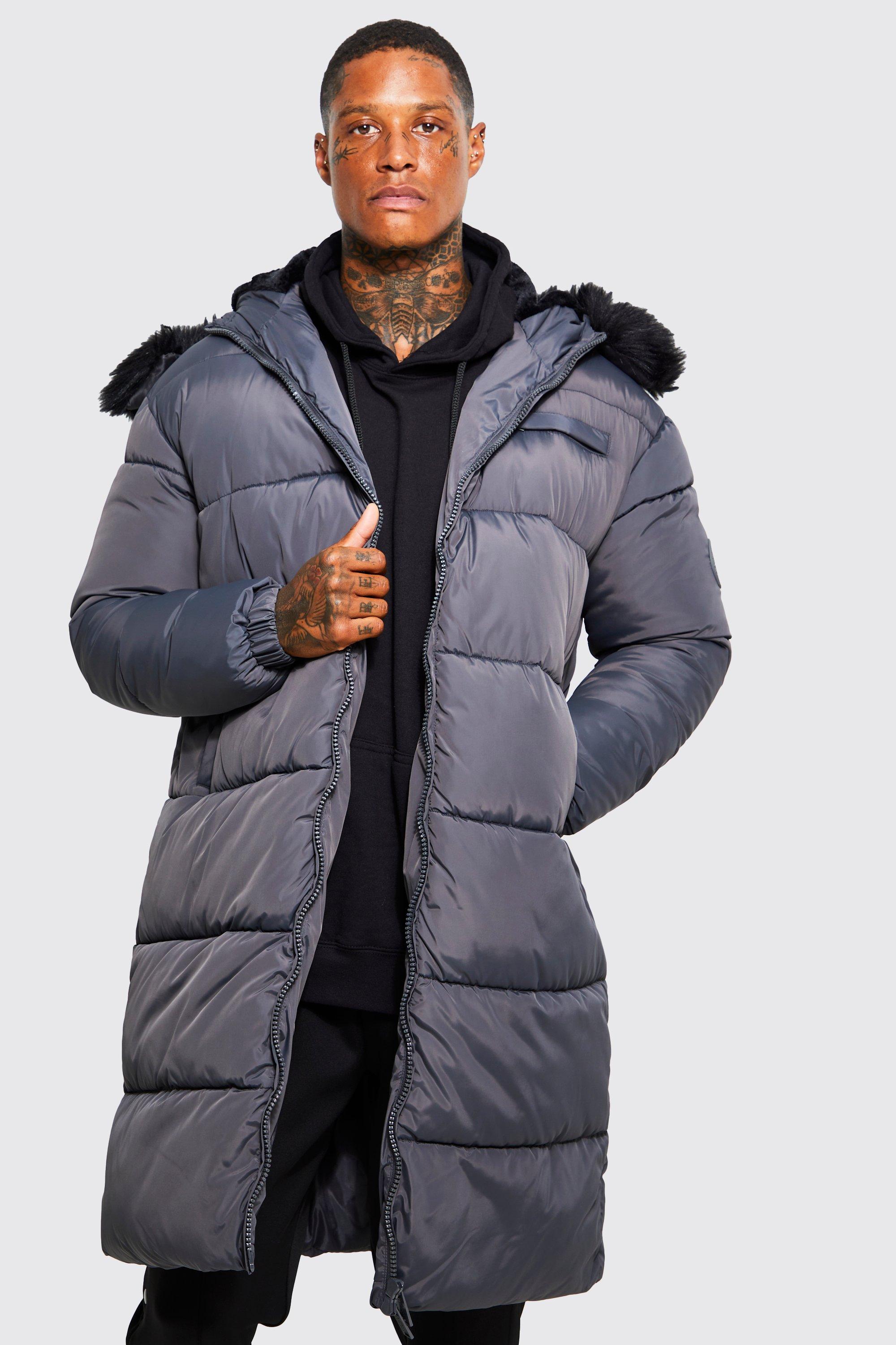 Men's hooded puffer jacket with faux fur trim sale