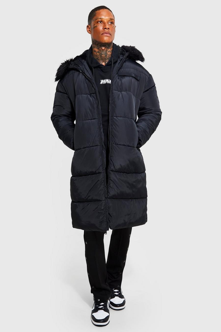 Black Longline Faux Fur Trim Hooded Parka image number 1