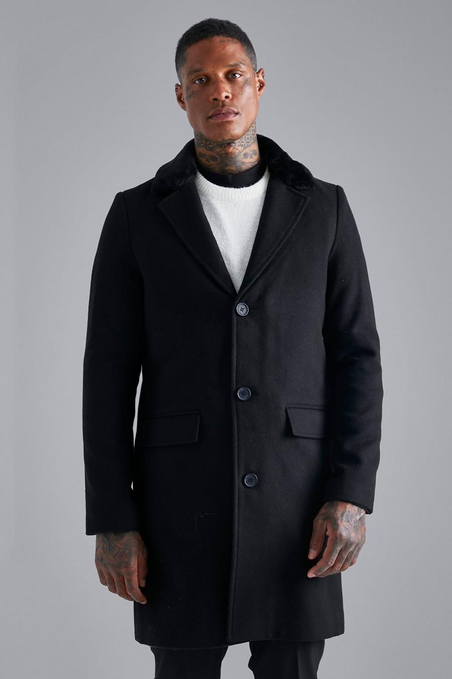 Smarter einreihiger Mantel mit Kragen aus Fellimitat, Black image number 1