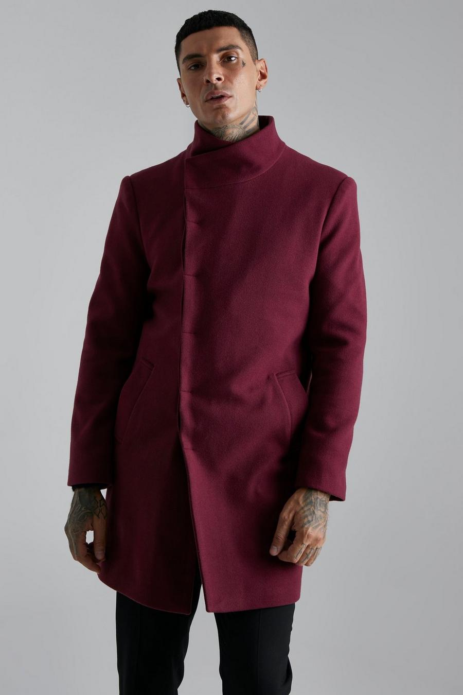 Burgundy rosso Funnel Neck Wool Look Overcoat