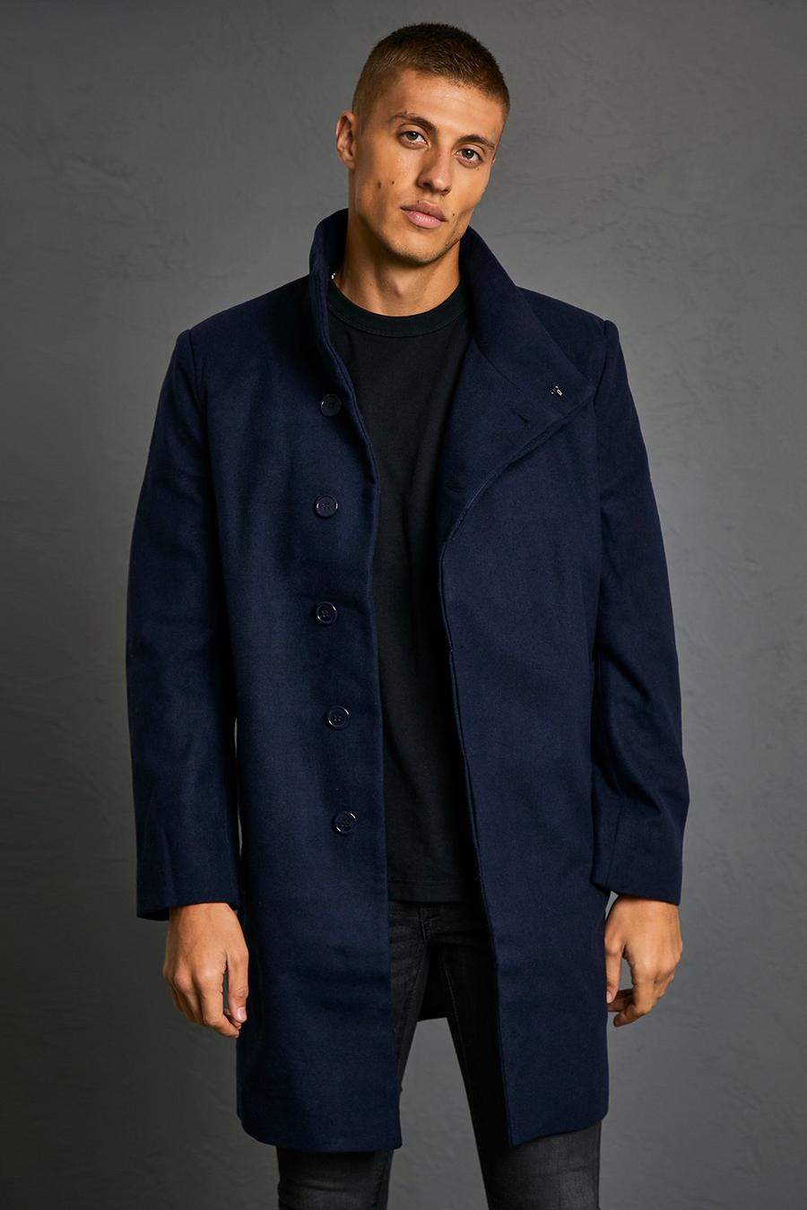 Navy blu oltremare Funnel Neck Wool Look Overcoat image number 1