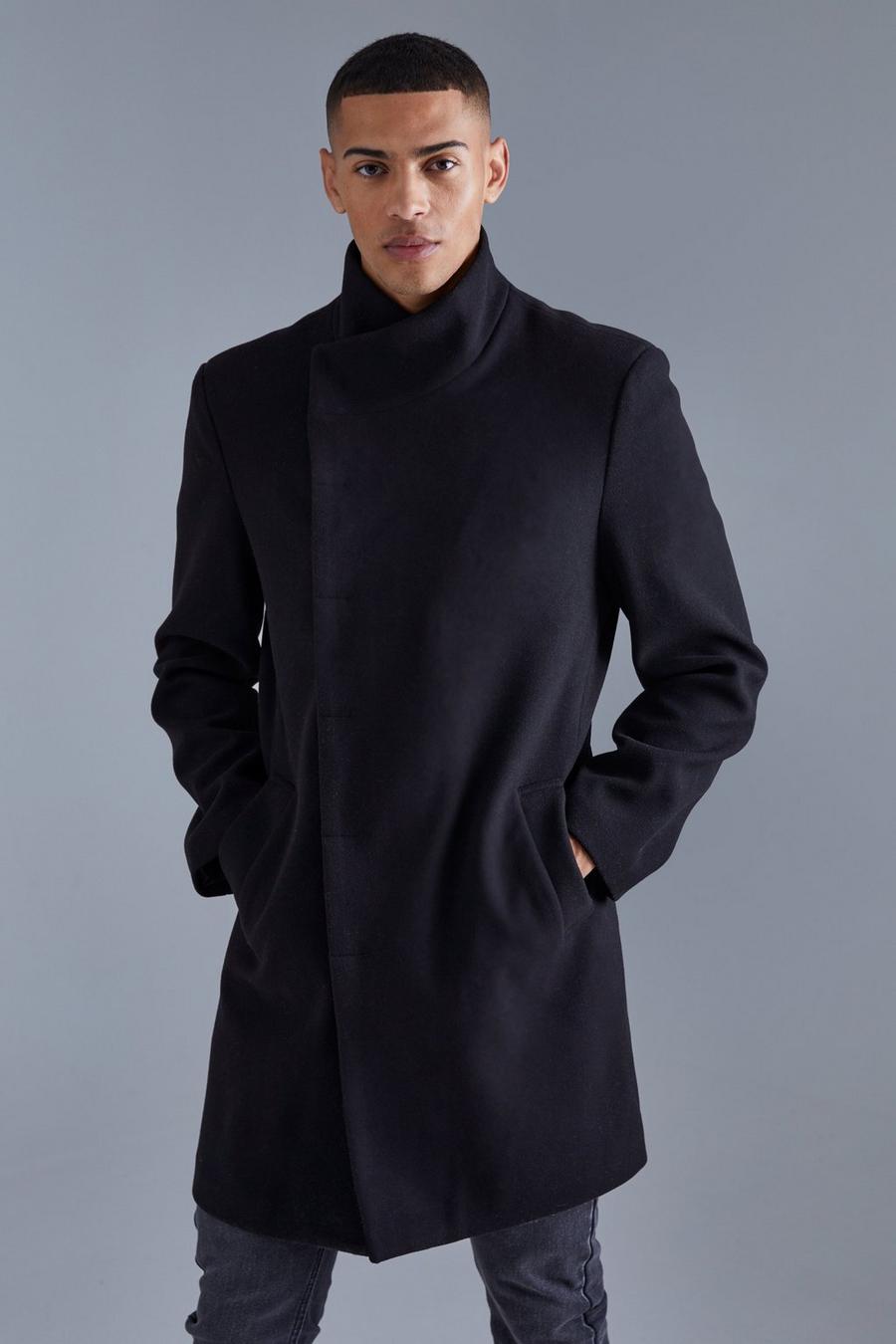 Black svart Funnel Neck Wool Look Overcoat