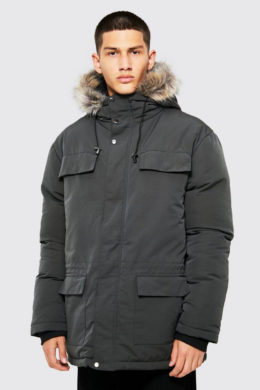 Charcoal grey Faux Fur Hooded Arctic Parka image number 1