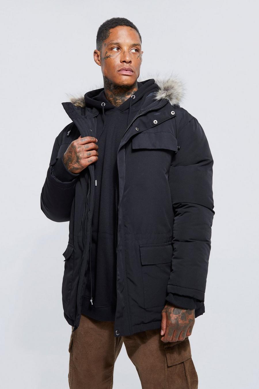 Parka con capucha ártica de pelo sintético, Black image number 1