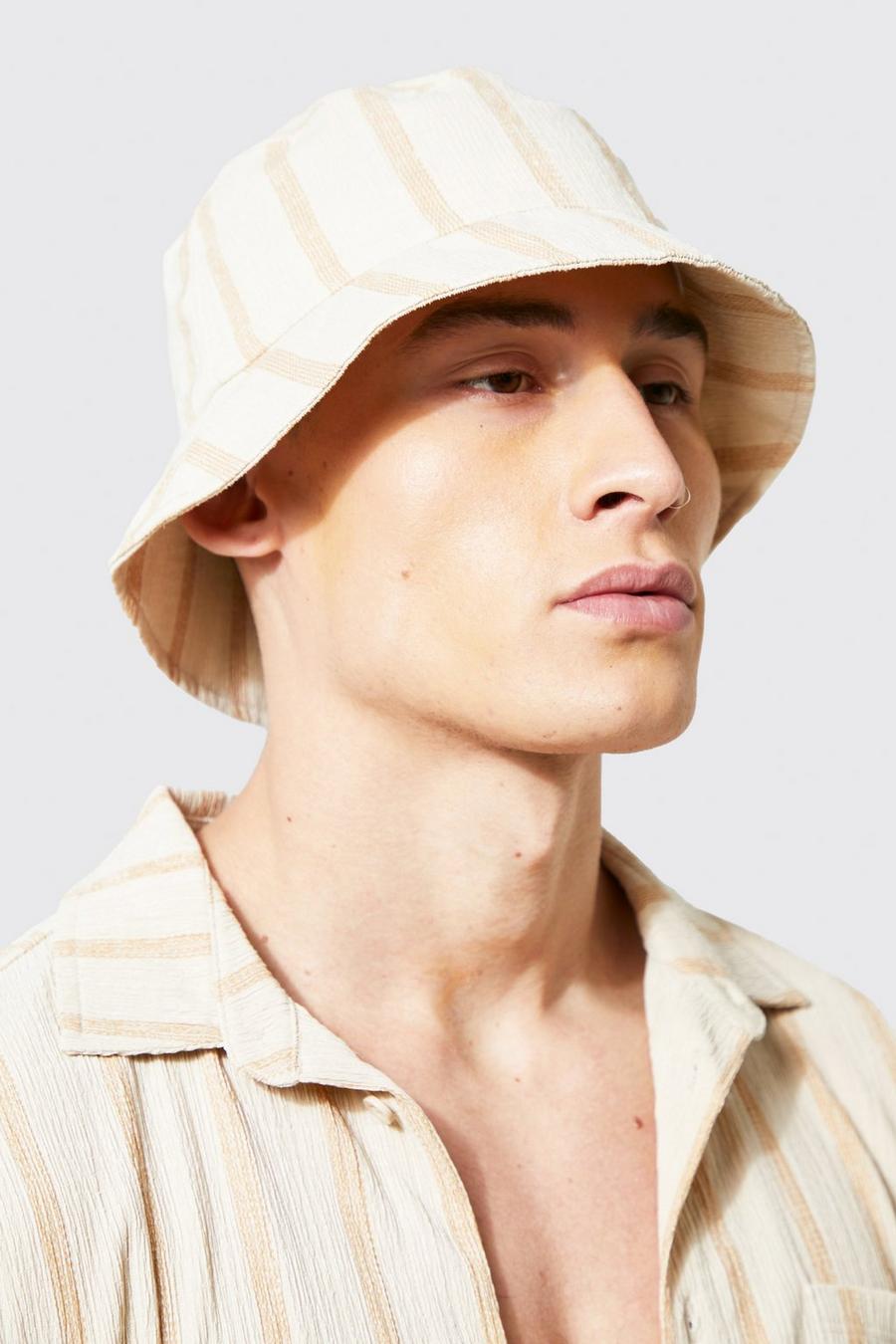 Cappello da pescatore a righe effetto goffrato, Stone beige