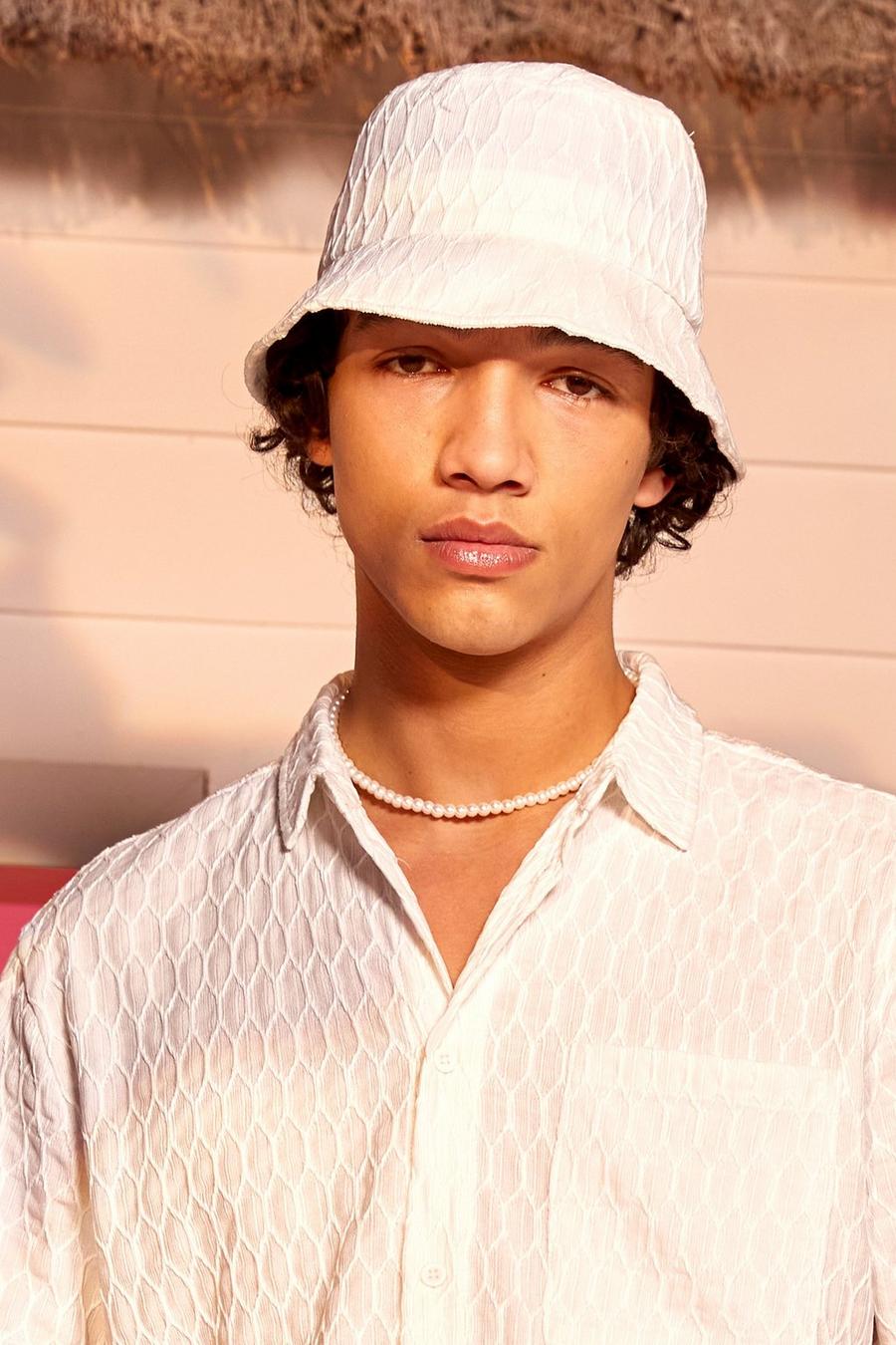 White Embroidered Textured Bucket Hat image number 1