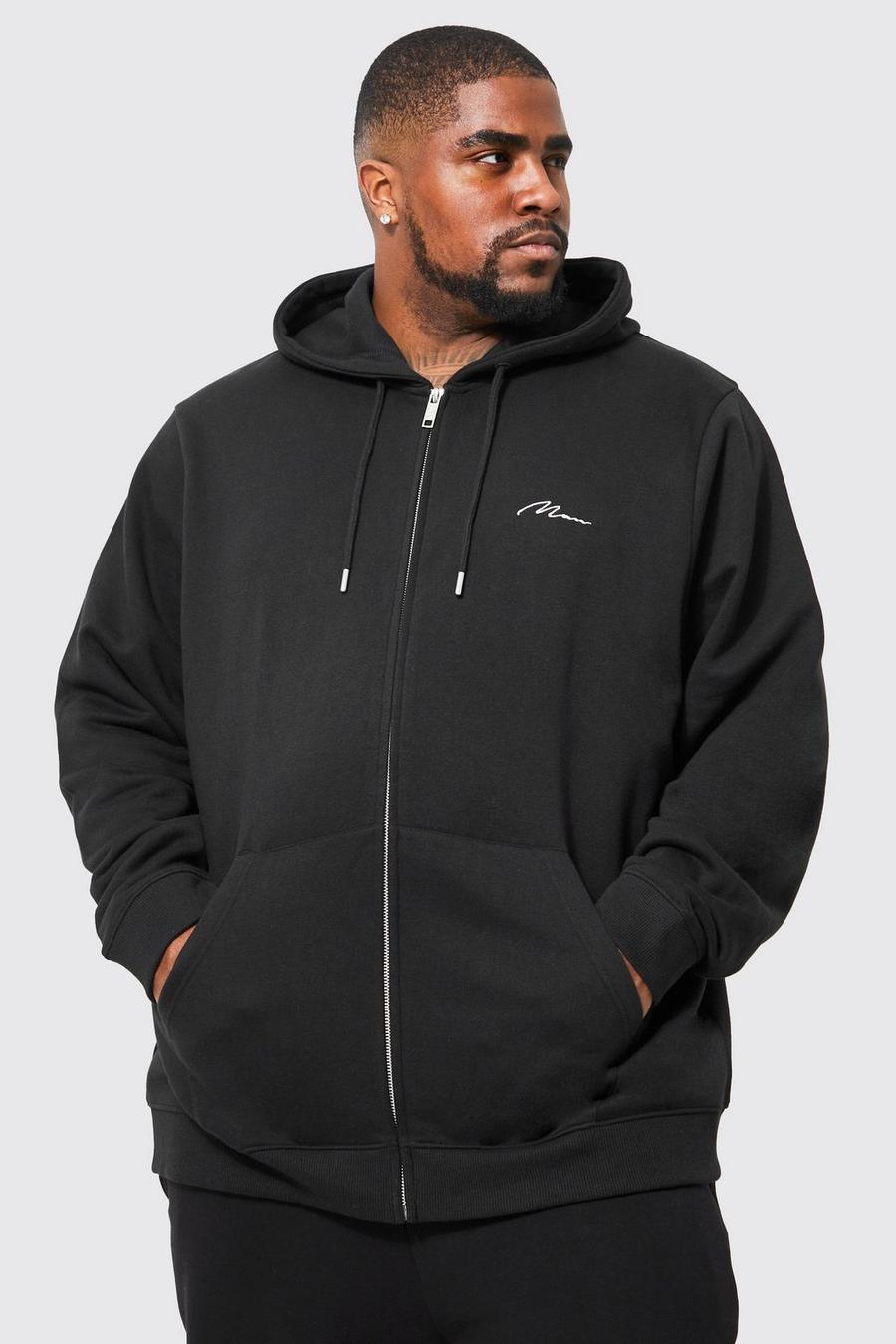 Felpa Plus Size con scritta Man, zip e cappuccio, Black nero