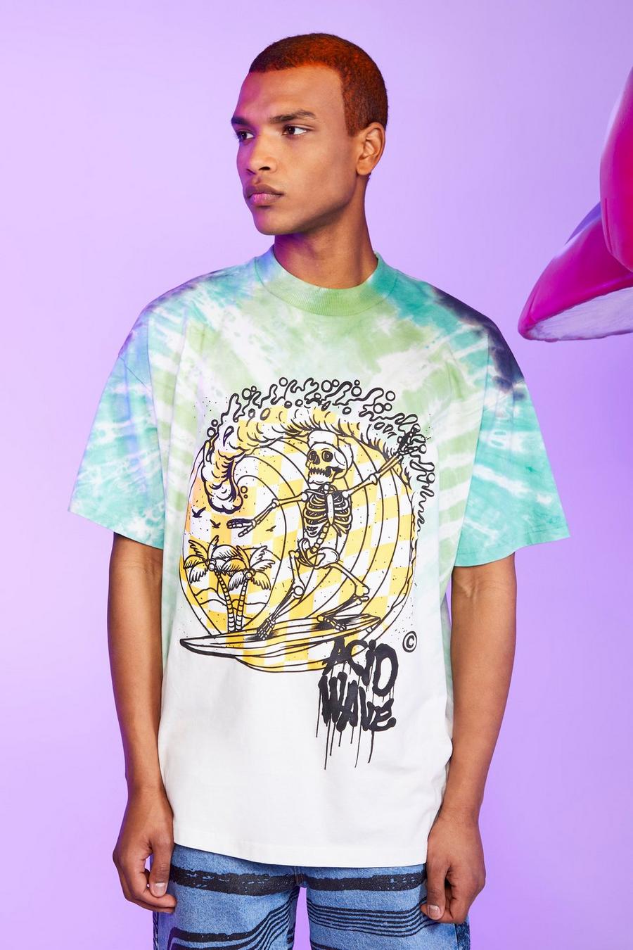 Green Oversized Extended Neck Graphic Tiedye Tshirt image number 1