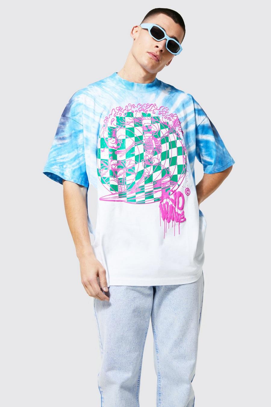 Blue Oversized Extended Neck Graphic Tiedye Tshirt image number 1
