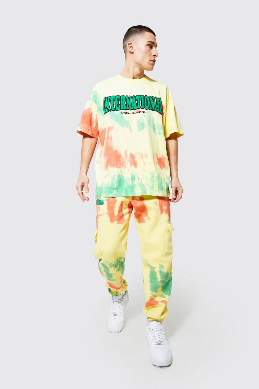Yellow Tiedye Cargo T-shirt Tracksuit image number 1