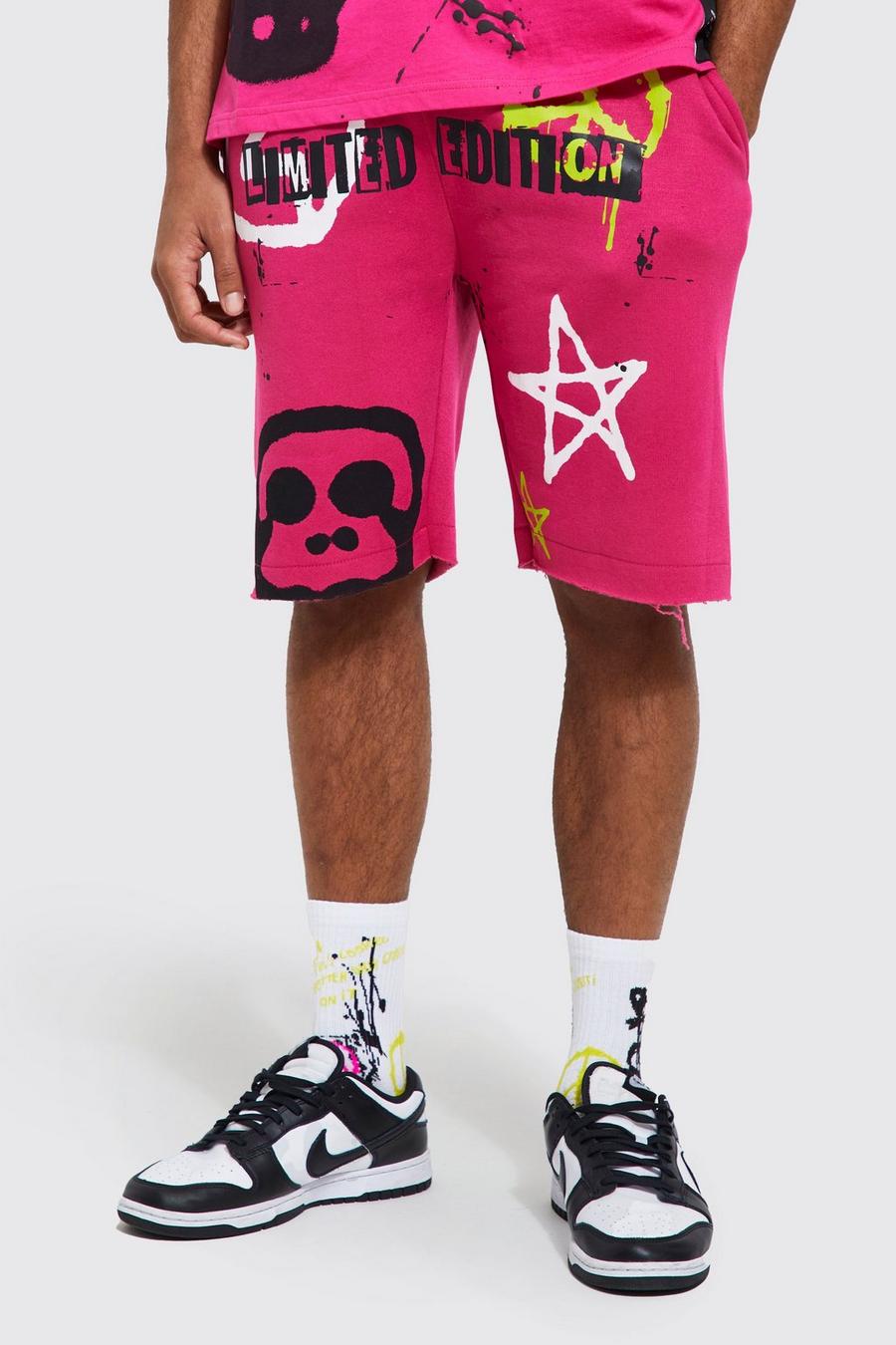 Pink Loose Fit Graffiti Jersey Shorts