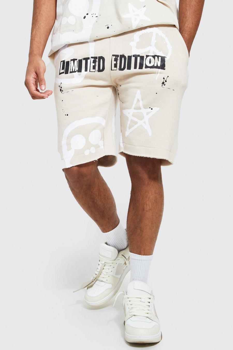 Stone beige Loose Fit Graffiti Jersey Shorts image number 1