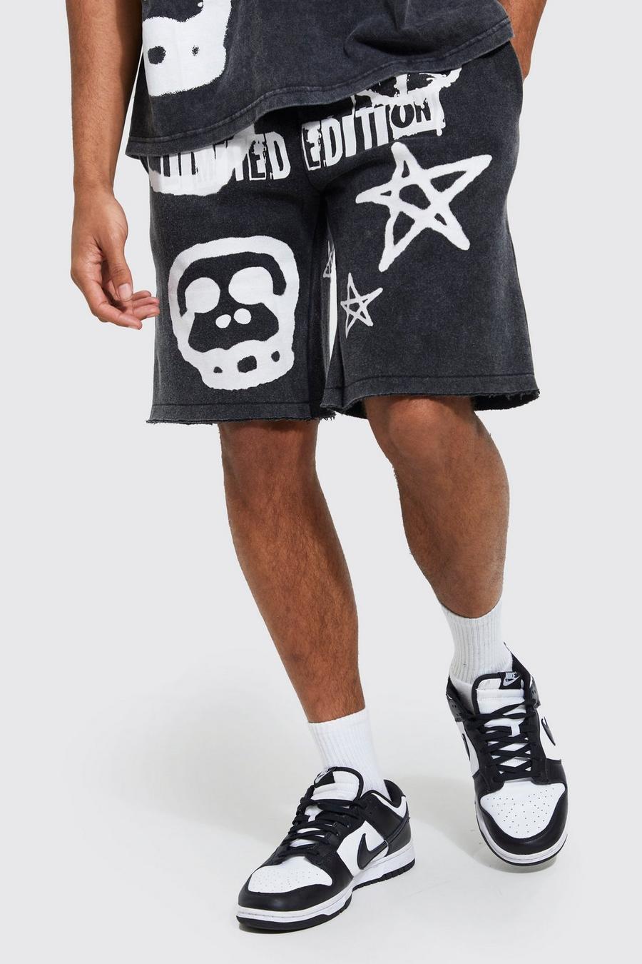 Charcoal grå Oversized Graffiti Acid Wash Jersey Shorts