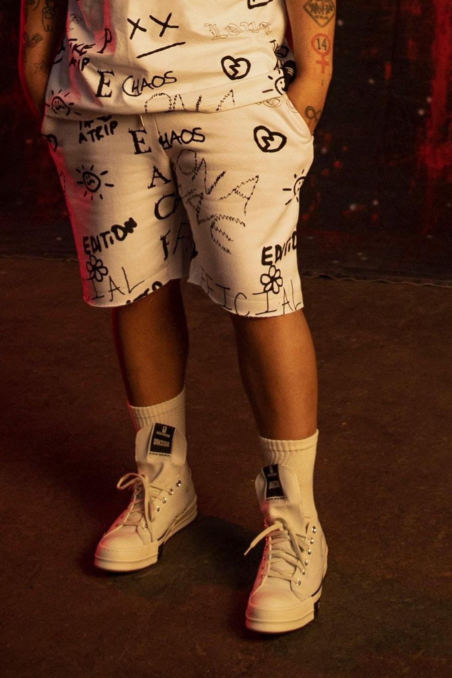 White Loose Fit Doodle Graphic Jersey Shorts image number 1
