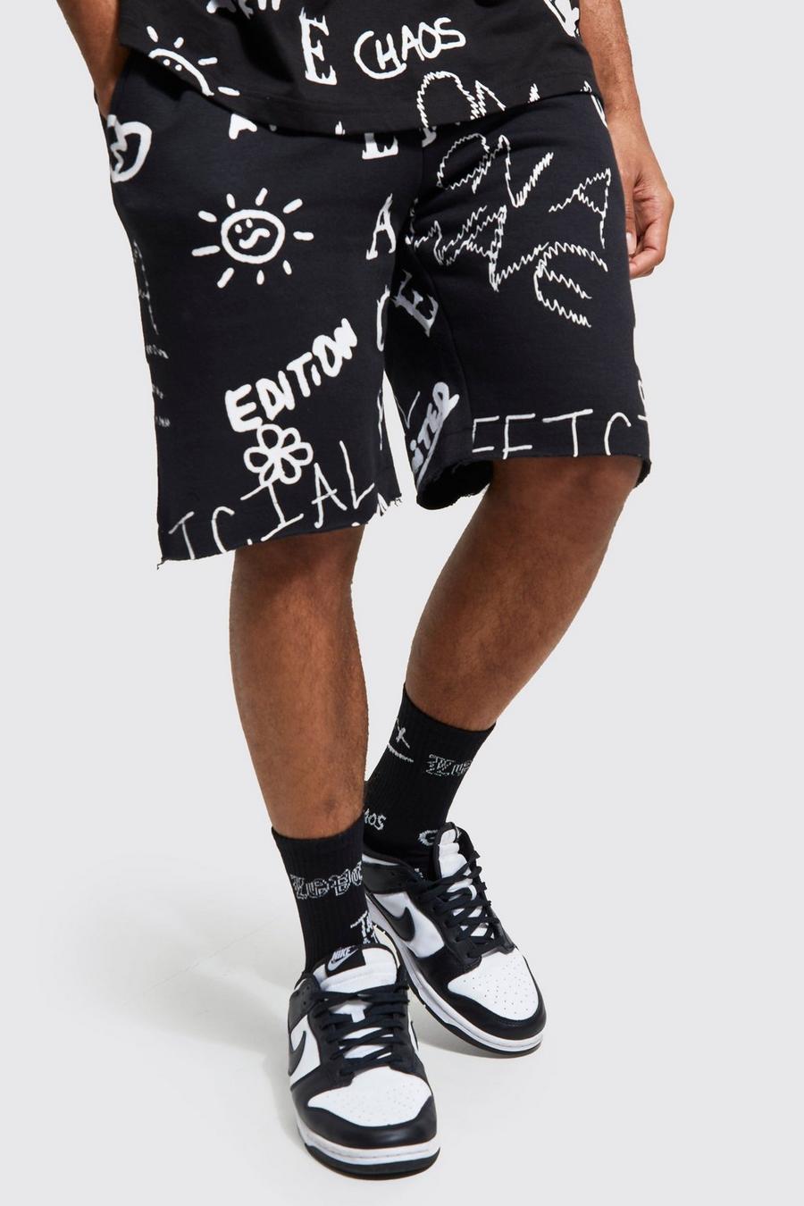 Black Loose Fit Doodle Graphic Jersey Shorts image number 1