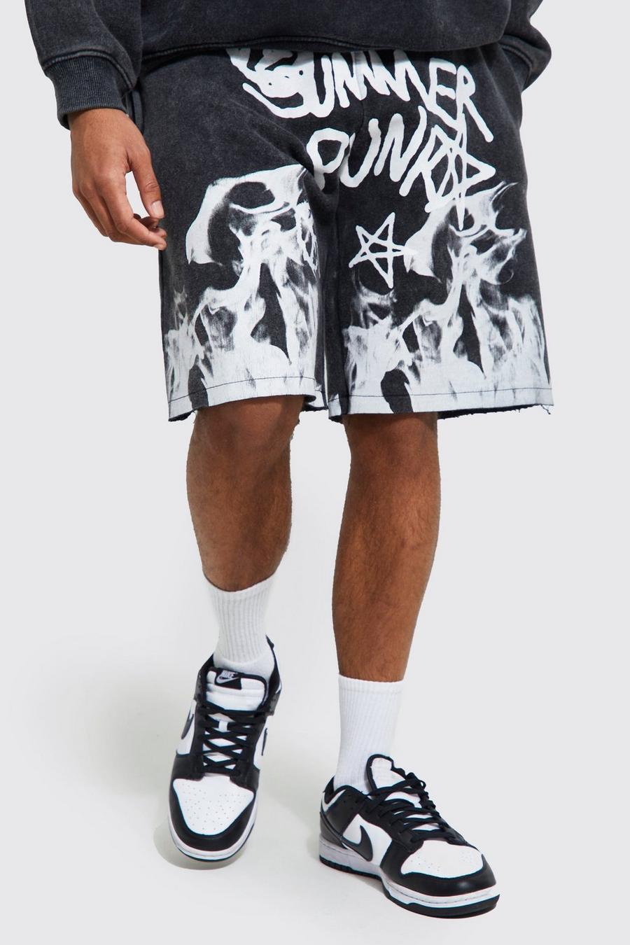 Charcoal grey Oversized Graffiti Acid Wash Jersey Shorts