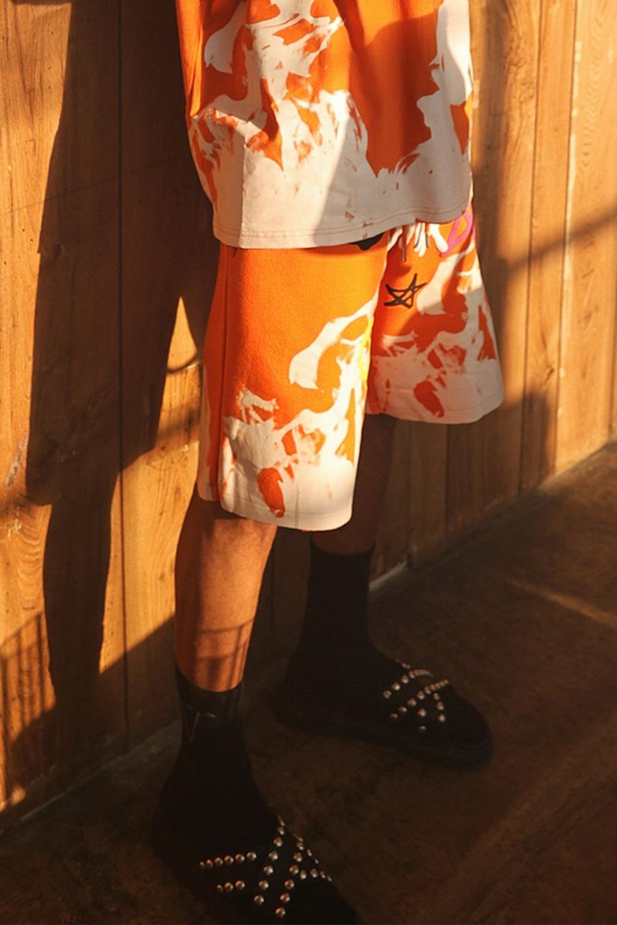 Orange Oversized Flame Graphic Jersey Shorts image number 1