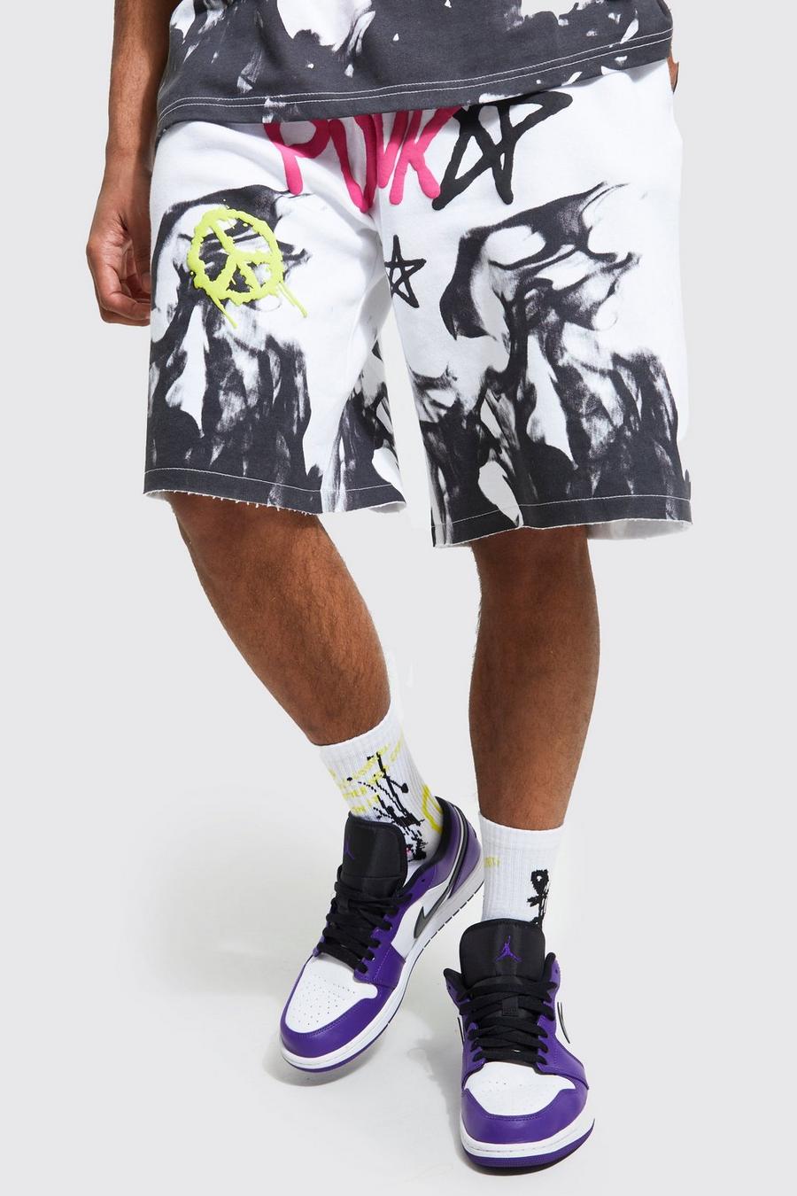 White Oversized Flame Graphic Jersey Shorts image number 1