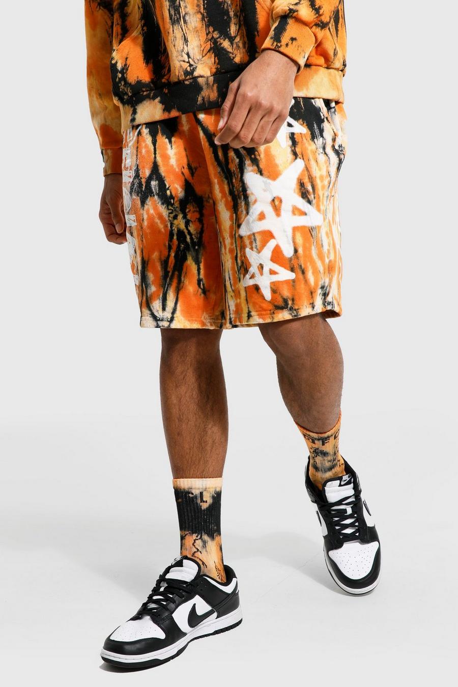 Orange Oversized Graffiti Tie Dye Jersey Shorts image number 1