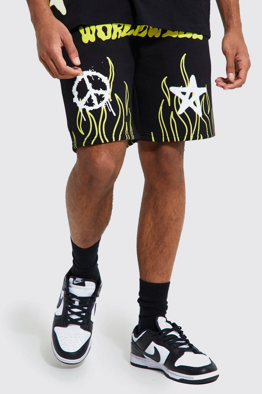 Black Loose Fit Worldwide Graphic Jersey Shorts image number 1