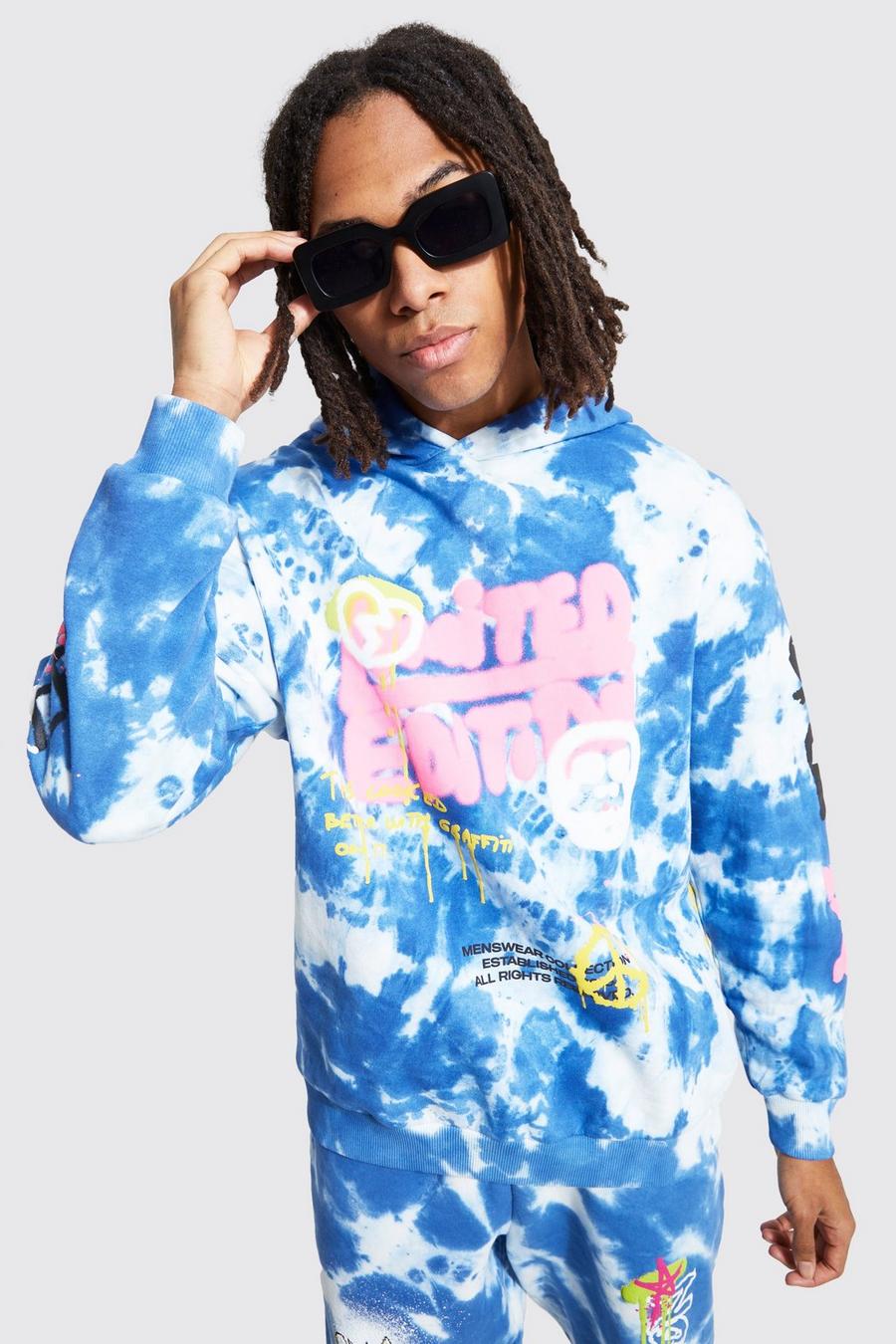 Blue Oversized Graphic Tie Dye Hoodie image number 1