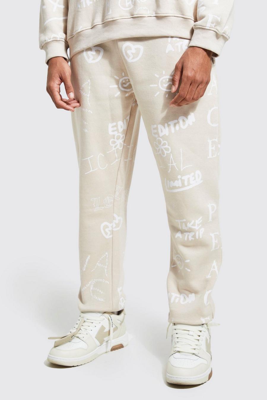 Stone beige Regular Fit Doodle Graphic Joggers image number 1