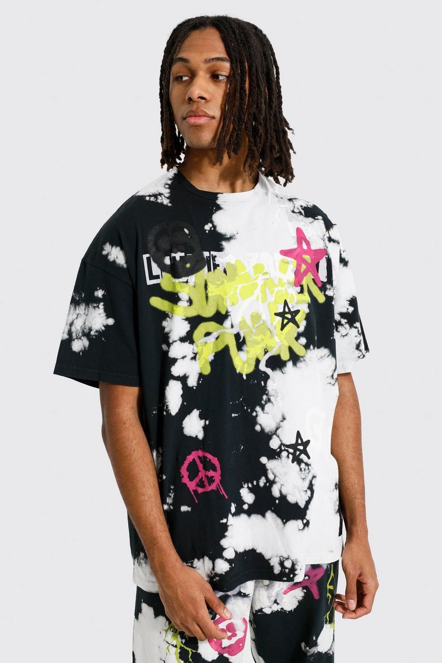 Black Oversized Graffiti Graphic Bleached T-shirt image number 1