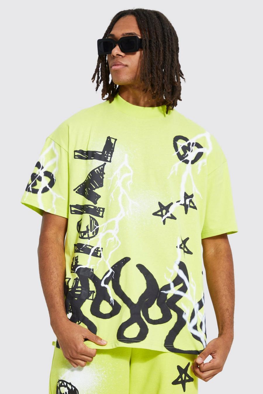T-shirt oversize à col montant et imprimé graffiti, Lime image number 1