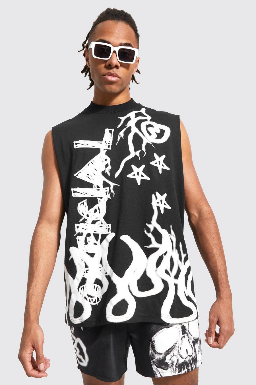 Black Oversized Extended Neck Graphic Tank image number 1