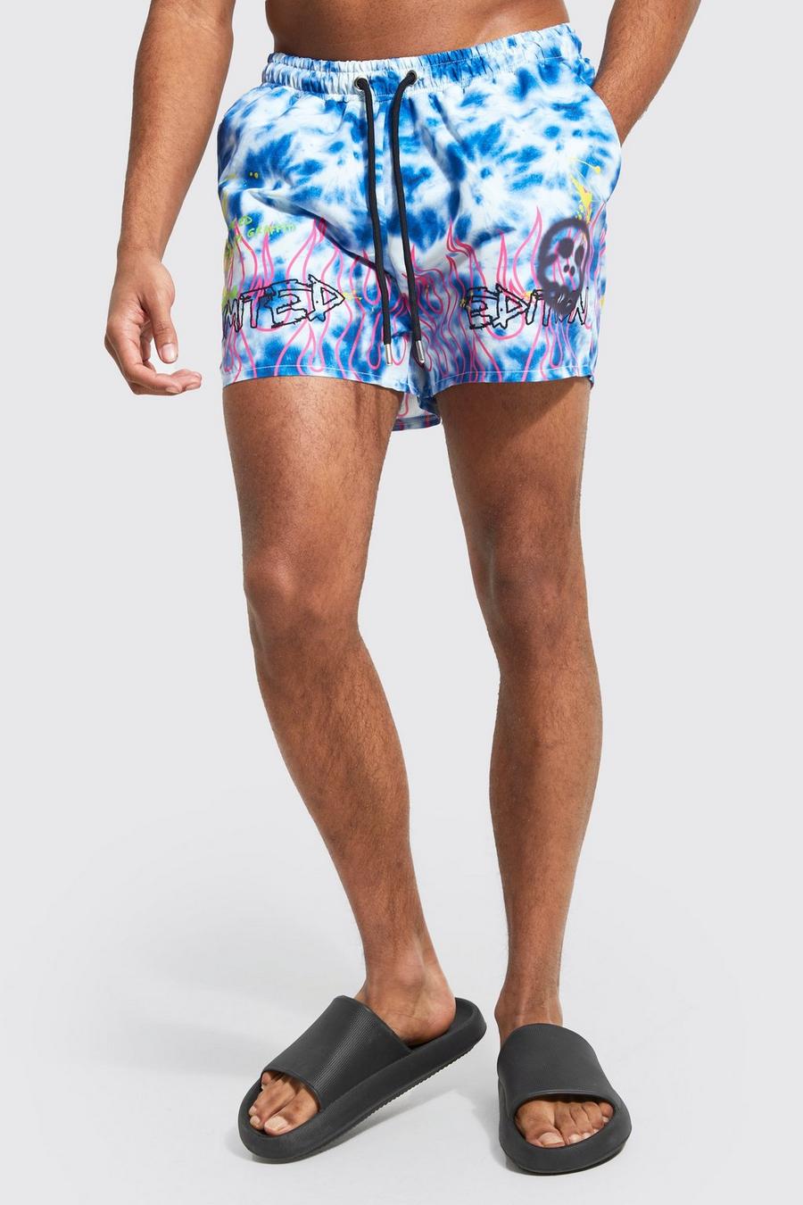 Blue Graffiti Tie Dye Short Length Swim Shorts