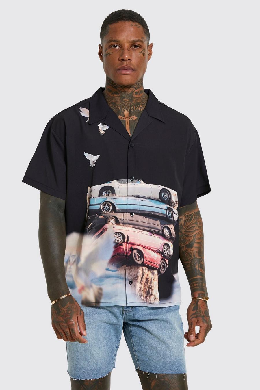 Black Boxy Fit Revere Graphic Car Print Shirt image number 1