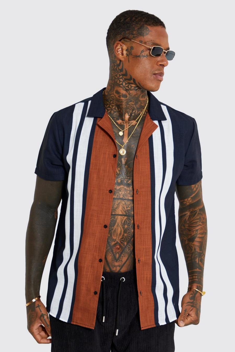 Camicia da bowling squadrata in tessuto fiammato a righe con trama e rever, Dark navy azzurro