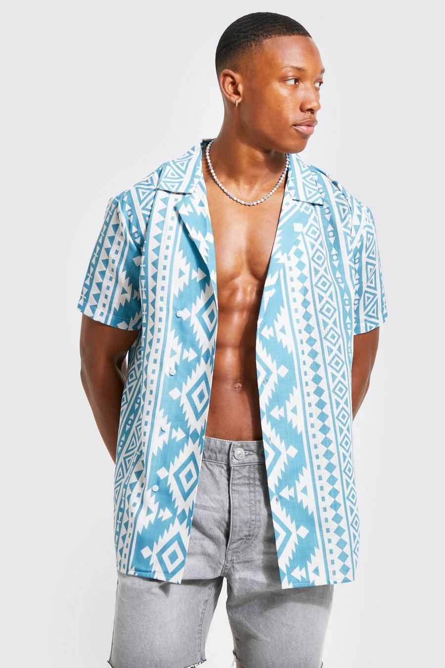 Light blue Textured Dropped Revere Aztec Wrap Shirt image number 1