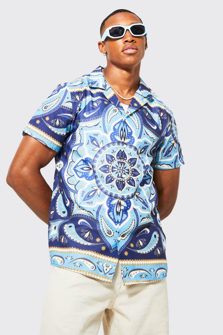 Blue Paisley Print Overhemd Met Textuur En Revers Kraag