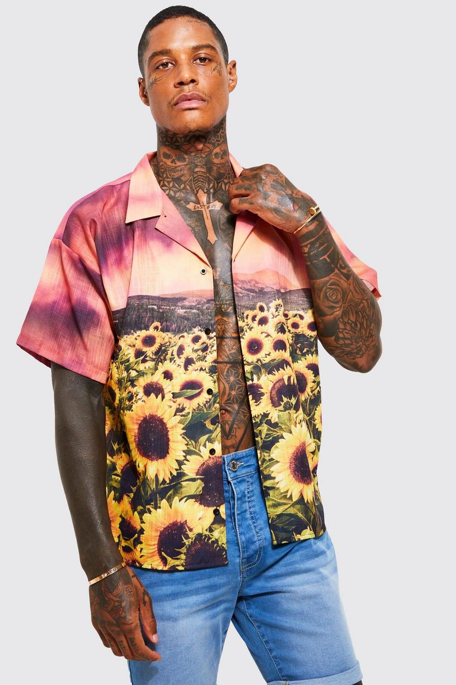 Multi Boxy Textured Revere Sunflower Print Shirt