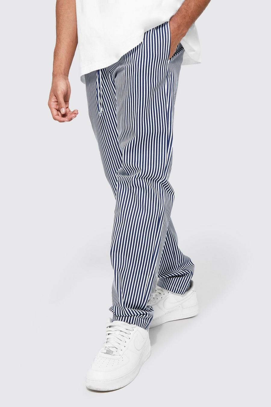 Navy marinblå Straight Leg Striped Chino Trousers image number 1