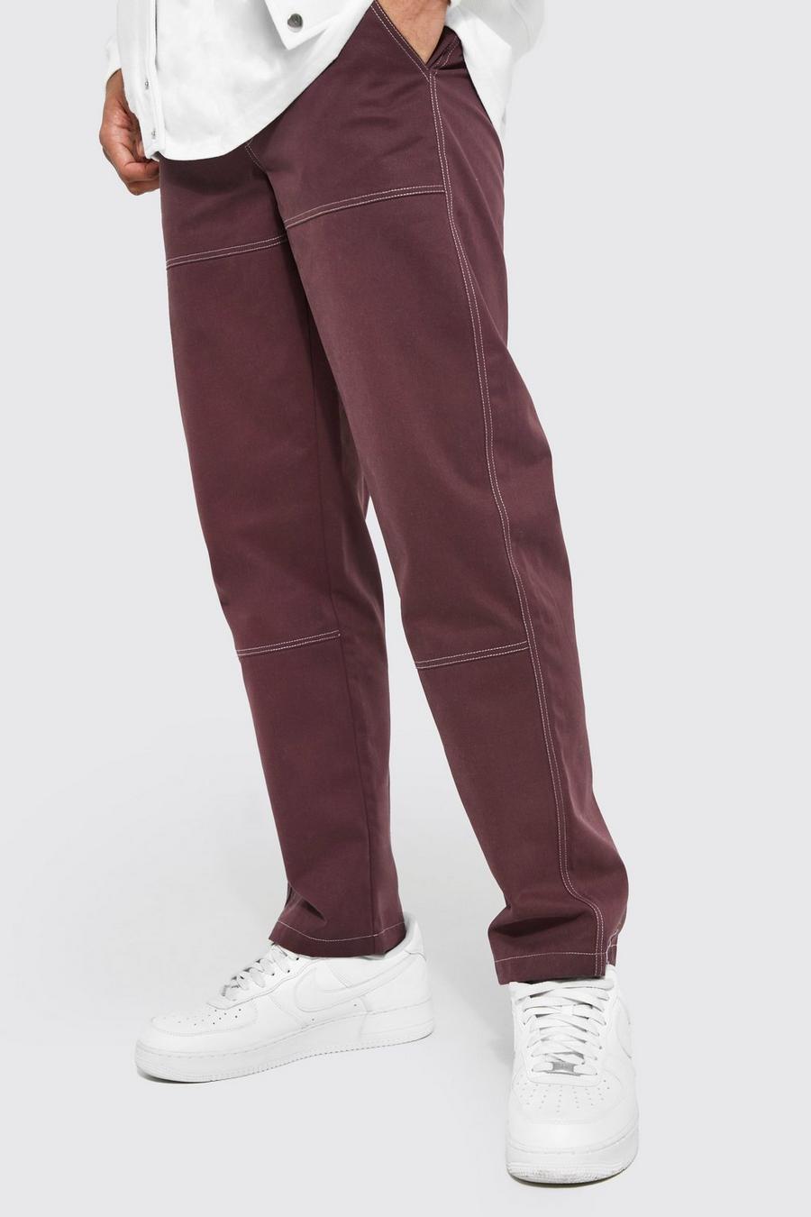 Chocolate marron Straight Leg Contrast Stitch Panelled Trouser