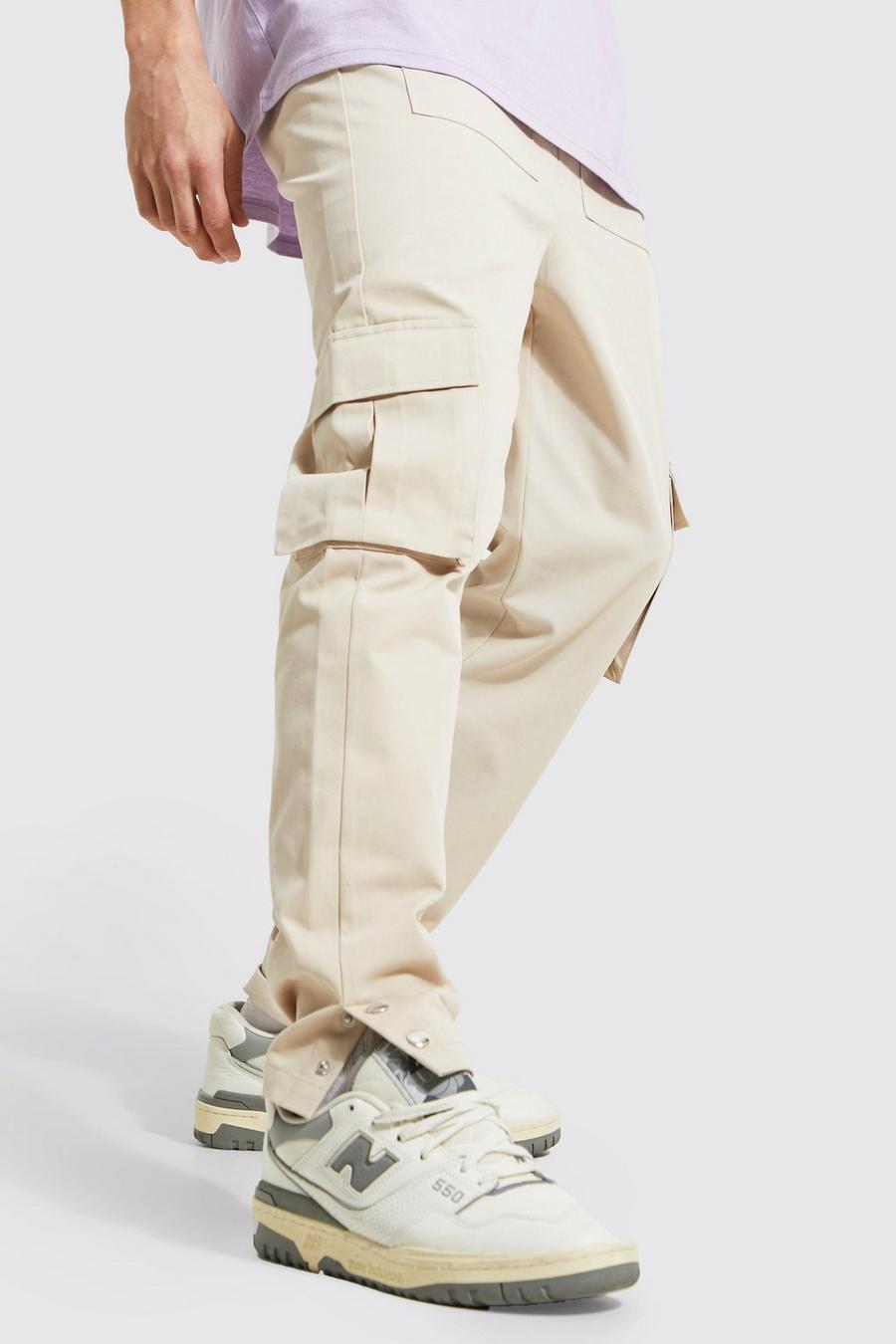 Stone beige Slim Fit Multipocket Popper Cargo Trousers image number 1