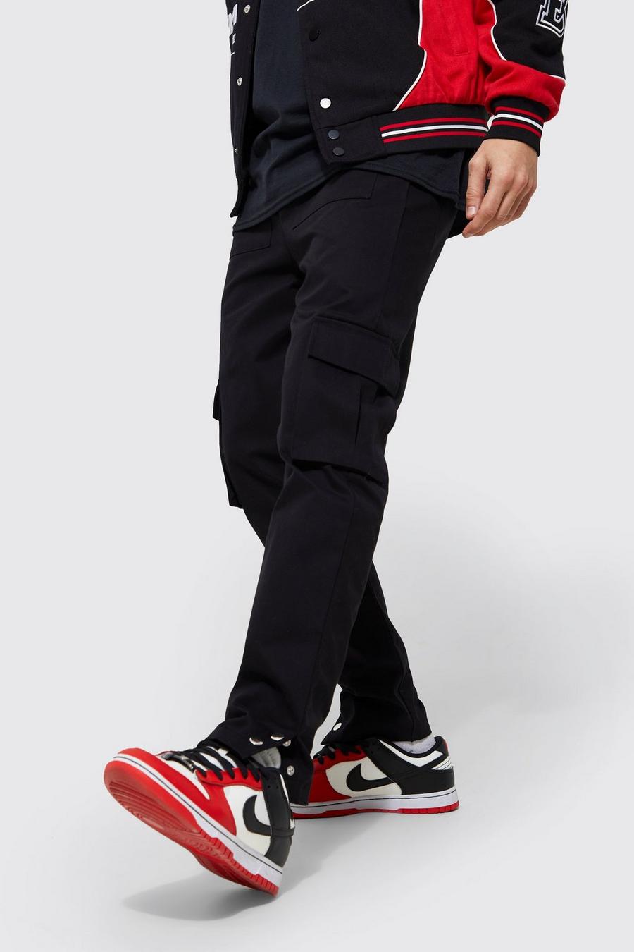 Pantalón ajustado con botones de presión y multibolsillos cargo, Black nero