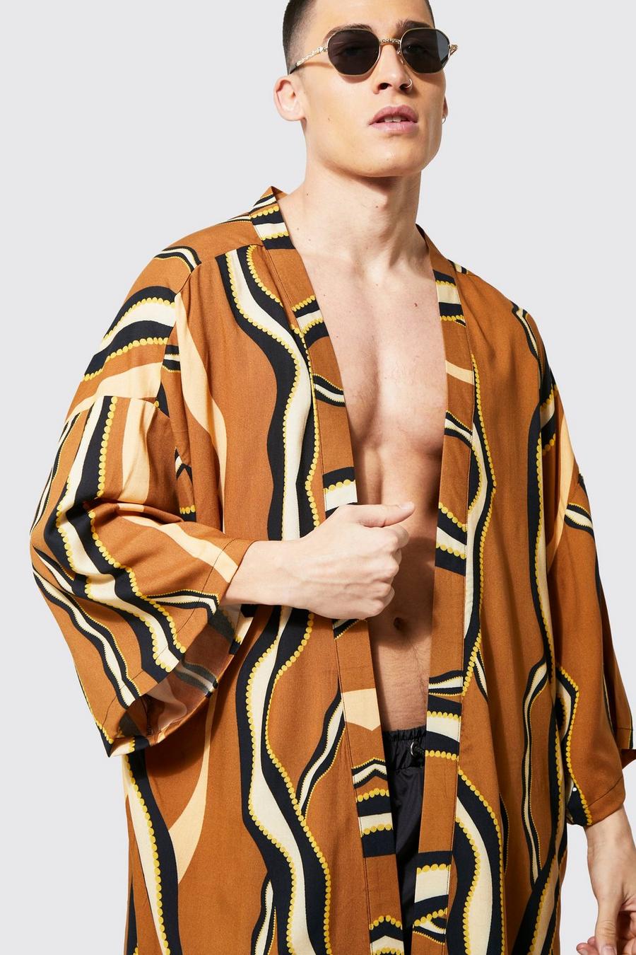 Rust Viscose Abstract Stripe Kimono And Swims Set image number 1