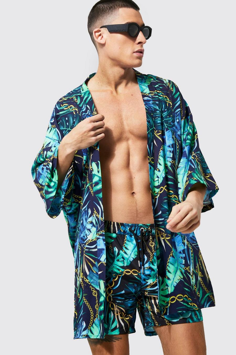 Green Viscose Palm Chain Kimono And Swims Set