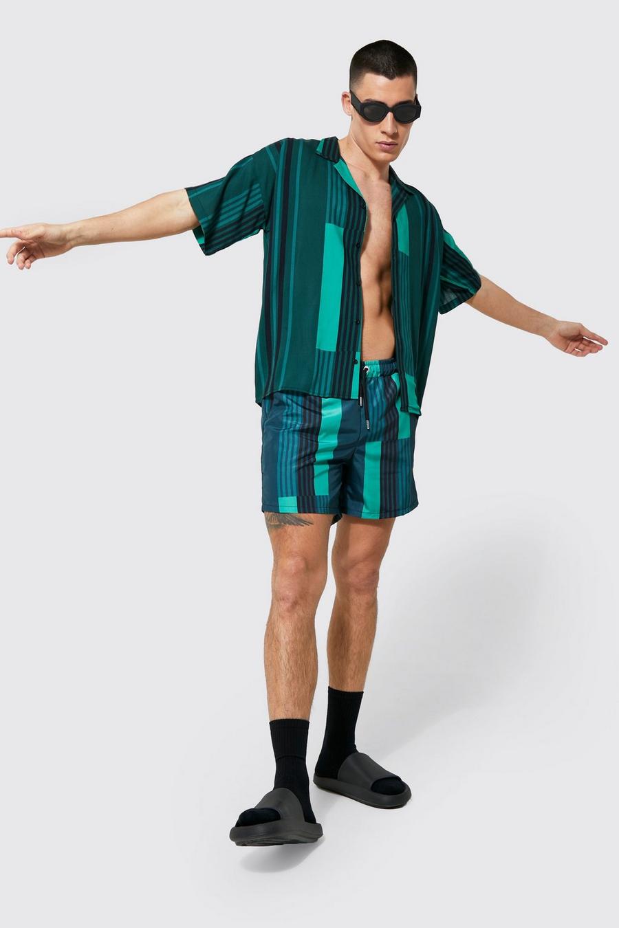 Green Viscose Boxy Fit Striped Shirt And Swims Set image number 1